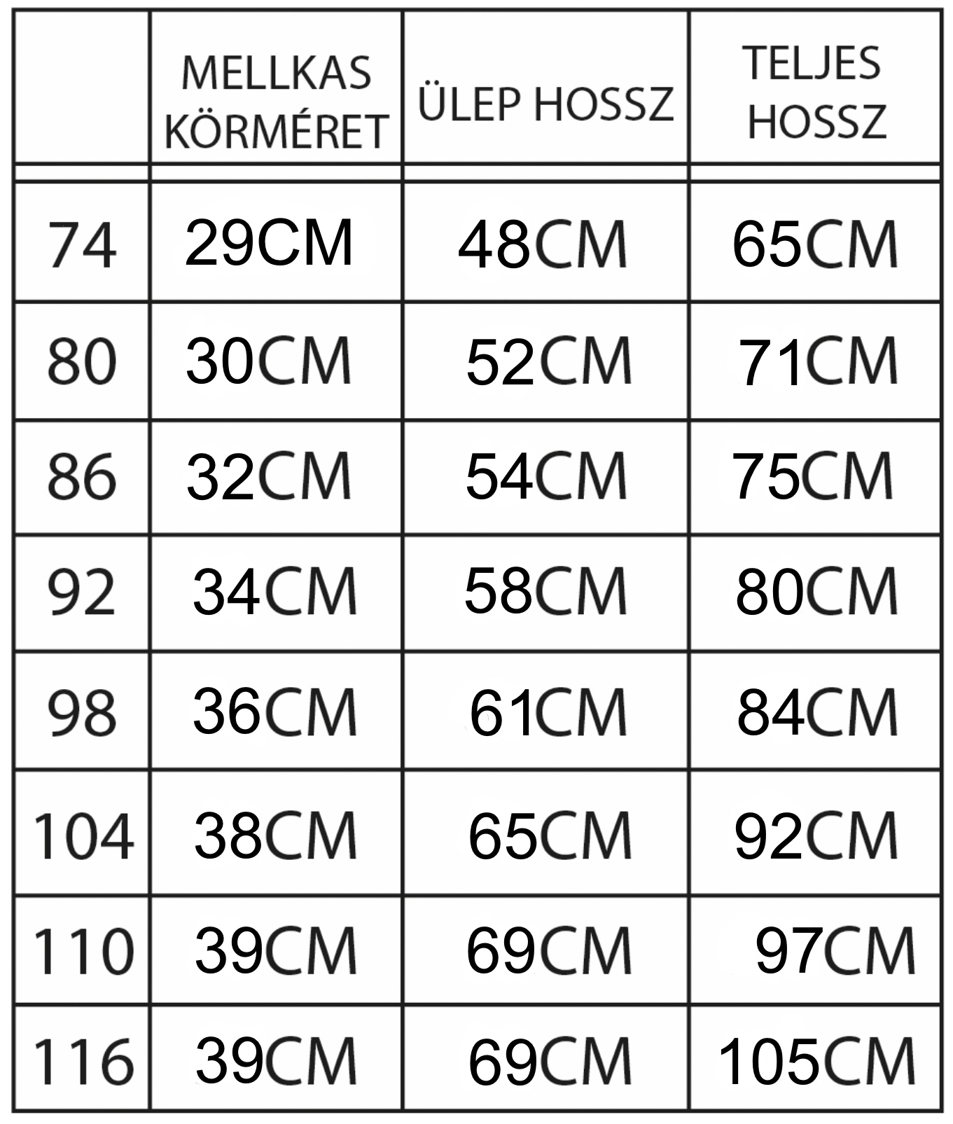 Tipegő hálózsák mérettáblázat