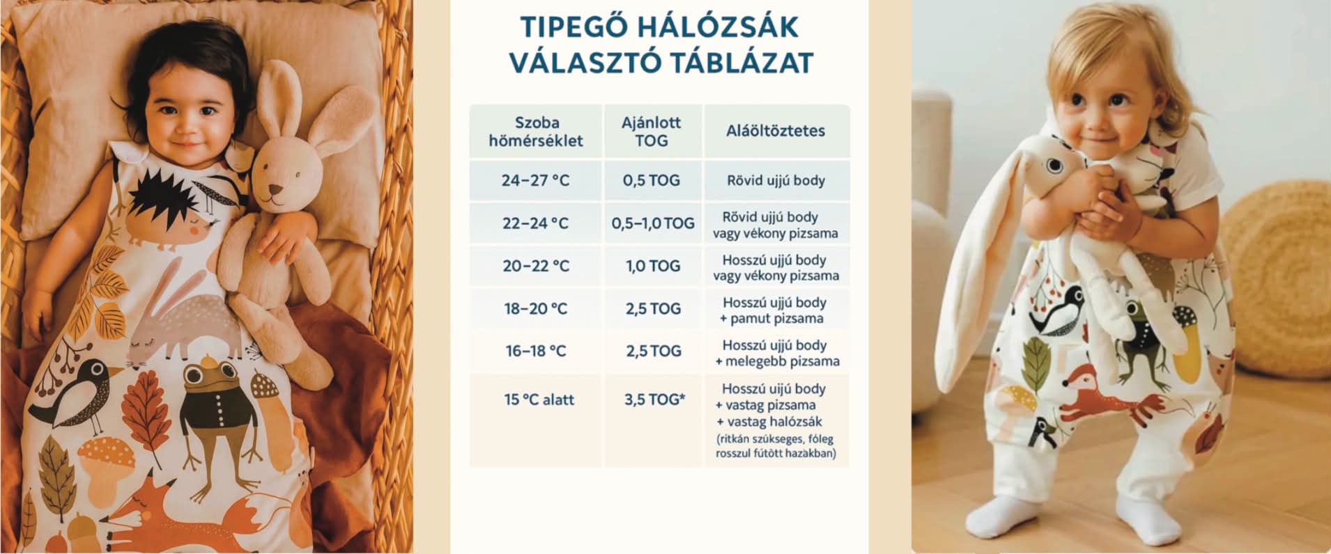 Tipegő hálózsák választó táblázat szobahőmérséklet és TOG szerint